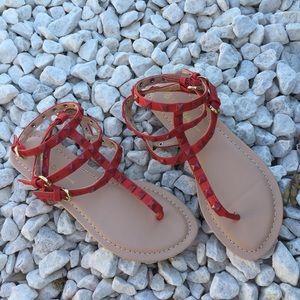 Red Wild Diva Lounge pyramid studded sandal